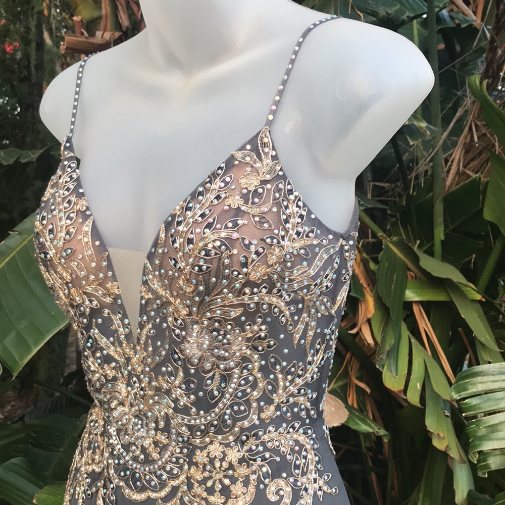Jvn Jovani rhinestone beaded sheer bodice gown